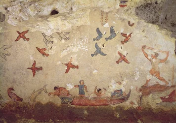 Fischer in einem Boot und fliegende Vögel, aus dem Grab des Fischens und Jagens, ca. 520-510 v. Chr.