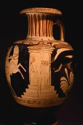 Hydria vom Maler der Biga Vaticana, Detail des Aedikula mit Maler bei der Arbeit