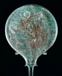 Spiegel, der eine Bankettszene darstellt, Bronze-Artefakt aus Preneste (Latium). Etruskische Zivilisation, 4. Jahrhundert v. Chr.