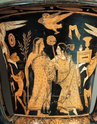 Rotfigurige Keramik, Krater, aus Civita Castellana, antikes Falerii, Provinz Rom, Italien (Detail), gekrönter Dionysos und Ariadne