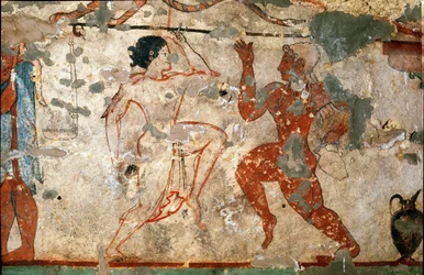 Ritueller Tanz, junge Frau in durchsichtiger Tunika und junger Mann nackt (Detail)