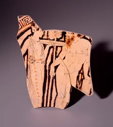 Terrakotta-Fragment einer Kylix mit Darstellung einer Mänade und eines Satyrs, 350 v. Chr.
