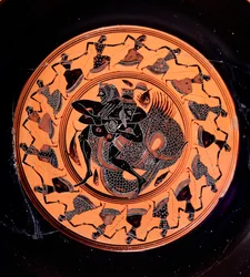 Terrakotta-Kylix darstellend Herkules im Kampf mit Triton, umgeben von siebzehn tanzenden Nereiden, 6. Jahrhundert v. Chr.