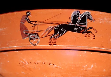 Terrakotta-Vase, Detail eines von zwei Pferden gezogenen Wagens, 4. Jahrhundert v. Chr.