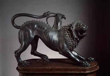 Die Chimäre von Arezzo, von Bellerophon erschlagen - etruskische Skulptur, 400-350 v. Chr.