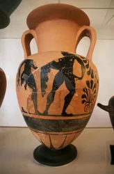 Etruskische schwarzfigurige Vase von der archäologischen Stätte Roselle, Toskana, Italien