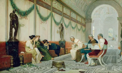 Innenraum eines römischen Gebäudes mit Figuren, ca. 1880