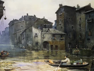 Via della Fiumara überflutet in Rom, von Ettore Roesler Franz (1845-1907), Aquarell, Italien