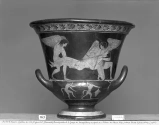Attisch rotfiguriger Kelchkrater, der Hypnos und Thanatos zeigt, die den Körper von Sarpedon tragen (Keramik)