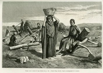 Arabische Frau und Sägen von langen zehn Foulis. Gravur von Eugene Girardet, zur Illustration der Geschichte „A Suse“.