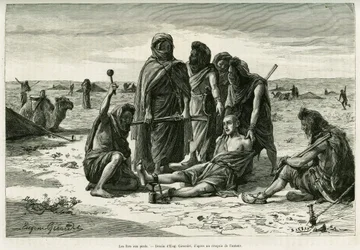 Die Eisen an den Füßen. Gravur von Eugene Girardet zur Illustration der Geschichte „Fünf Monate bei den nomadischen Mauren der westlichen Sahara“ von Camille Douls, veröffentlicht in Le Tour du monde 1888
