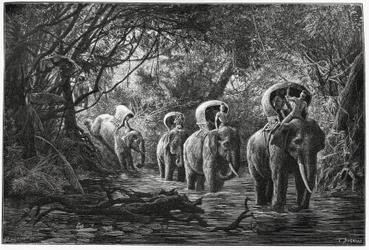 Auf dem Weg in den Wald, die Expedition reist auf dem Rücken eines Elefanten. Gravur von Eugene Burnand zur Illustration der Geschichte "Reise in Oberlaos", 1880, von Dr. P. Neis. Veröffentlicht in Le Tour du Monde, nouveau journal des voyages, 2. Semester