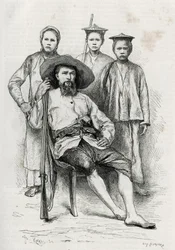 Porträt des Autors, umgeben von seinen Reisegefährten. Gravur von Eugene Burnand zur Illustration der Geschichte „Reise in Oberlaos“, 1880, von Dr. P. Neis. Veröffentlicht in Le Tour du monde, nouveau journal des voyages, 2. Halbjahr 1885, herausgegeben vo