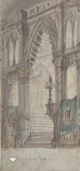 Entwurf für ein Bühnenbild an der Opéra, Paris: Kircheninneres, 1830-90