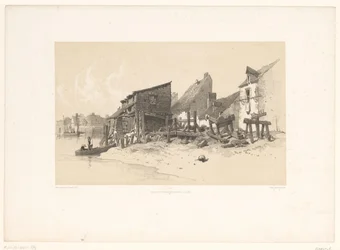 Flussufer mit Häusern und Wassermühle
