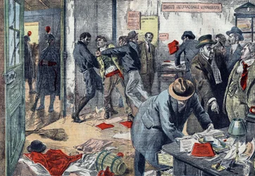 Benito Mussolini ließ im Februar 1923 in Triest, Italien, massenhaft Kommunisten verhaften; Durchsuchung der Büros der Zeitung „Lavoratore“. Zeichnung von Damblans in „Le Pelerin“ von 1923