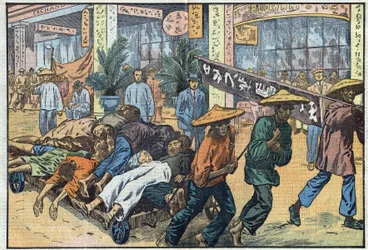 Bürgerkrieg zwischen Nationalisten und Kommunisten in China: Nach den kommunistischen Unruhen in Kanton werden die Leichen der Opfer auf Karren gestapelt. Illustration von Damblans. In „Le Pèlerin“ vom 4. März
