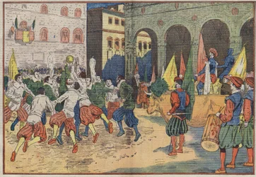 Florenz, Italien: Auf der Piazza della Signoria wurde ein Teil des „calcio“, Fußball des 15. Jahrhunderts, in Kostümen der Zeit nachgestellt. Ein Ochse wurde dem Siegerteam angeboten. Illustration von Damblans. In „Le Pelerin“ vom 8. Juni