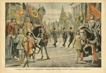 Illustration von Eugene Damblans (1865-1945) in Le Pelerin, 06/08/05 - Anlässlich des 70. Jahrestages der belgischen Unabhängigkeit ziehen prächtige historische Umzüge durch die Stadt Brüssel - Belgien, Geschichte, Flaggen, Brüssel, Gedenken