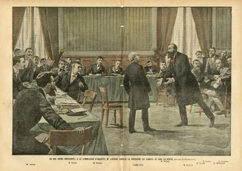 Illustration von Eugene Damblans (1865-1945) in Le Pelerin, 03/07/04 - In einer bewegenden Szene bittet M. Lagrave den Präsidenten des Rates, die Wahrheit zu sagen