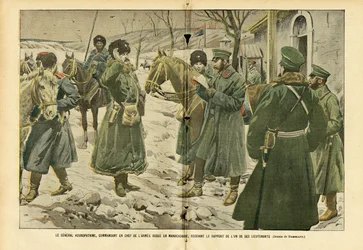 Illustration von Eugene Damblans (1865-1945) in Le Pelerin, 05/03/05 - General Kuropatkin, Oberbefehlshaber der russischen Armee in der Mandschurei, erhält den Bericht eines seiner Leutnants