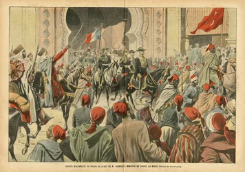 Illustration von Eugene Damblans (1865-1945) in Le Pelerin, 20/10/07 - Feierlicher Einzug in den Palast von Rabat durch Herrn Regnault, Minister von Frankreich in Marokko - Kolonisation Kolonialismus Kolonien, Architektur Stadtplanung, Marokko, Offizieller