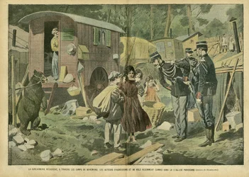 Illustration von Eugene Damblans (1865-1945) in Le Pelerin, 21/04/07 - Die Gendarmerie sucht in den Lagern der Zigeuner nach Tätern von kürzlich begangenen Anschlägen und Raubüberfällen in den Pariser Vororten - Verschiedene Fakten, Kindheit, Polizei, Elen