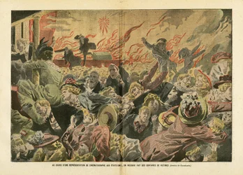 Illustration von Eugene Damblans (1865-1945) in Le Pelerin, 26/01/08 - Während einer Filmvorführung in den Vereinigten Staaten wurden Hunderte von Opfern bei einem Brand getötet - Amerika USA, Verschiedene Fakten, Kino, Menge, Feuer
