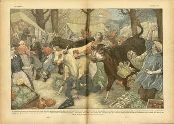Illustration von Eugene Damblans (1865-1945) in Le Pelerin, 28/03/37 - Die große jährliche Messe von Lezay bei Niort - Verschiedene Fakten, Wirtschaft, Menge, Geschäfte, Landwirtschaft, Gemüse - Kuh, Rind, Wanderverkäufer