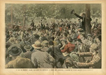 Illustration von Eugène Damblans (1865-1945) in Le Pèlerin, 30/06/07 - Die Menge aus dem Narbonnais jubelt dem Mann aus Montpellier, M. Ferroul, zu, dessen Verhaftung blutige Tage verursachte - Soziales, Wein, Weinkrise, Winzerrevolte, Narbonne - Ernest