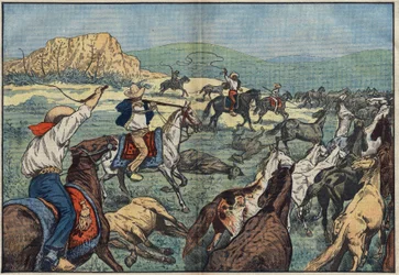 Mexikanische Bauern schießen wilde Pferde, um die Nahrungsmittelknappheit in ihrem Land zu vermeiden. El Paso Plains, Mexiko. Illustration von Damblans. In „Le Pelerin“ vom 6. Oktober