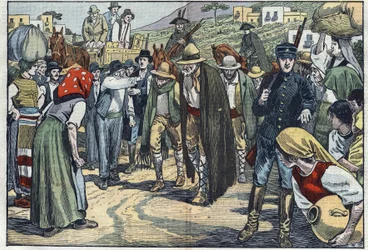 Räuber von der italienischen faschistischen Polizei verhaftet. Sizilien, Italien. Illustration von Damblans. In „Le Pèlerin“ vom 14. Februar