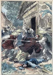 Der französische Priester Berthollet, Priester der Auslandsmissionen, wurde von chinesischen Nationalgardisten in der Nähe der Stadt Yun Ngan Cheou am 21. April 1898 ermordet. Illustration von Damblans in „Le Pelerin“ vom 10. Juli