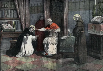 Der Streit um das Heilige Sakrament: Heiliger Thomas von Aquin, Papst Urban IV. und Heiliger Bonaventura. Papst Urban IV., der das Fest Gottes einführte, genehmigt das Offizium des Heiligen Sakraments.