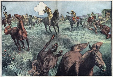 Wilde Pferde werden in den Vereinigten Staaten geschlachtet. Illustration von Damblans. In „Le Pelerin“ vom 31. Januar.
