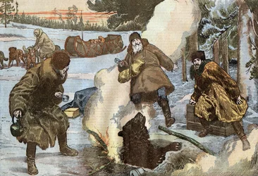 Missionare bereiten Tee zu, während plötzlich ein Bär aus dem Eis auftaucht, Illustration von Damblans aus der französischen Zeitung "Le Pelerin" 23. August