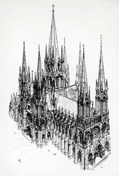 Isometrische Ansicht einer idealen Kathedrale, Zeichnung aus dem „Wörterbuch der französischen Architektur vom 11. bis zum 16. Jahrhundert“