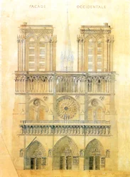 Projekt zur Restaurierung der Westfassade der Kathedrale Notre Dame in Paris mit Rekonstruktion des Turms am Kreuzungspunkt, 1843