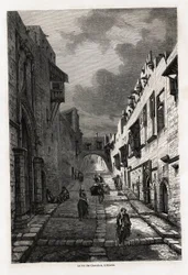Die Ritterstraße in Rhodos, Zeichnung von Eugene Flandin, zur Illustration seiner Reise zur Insel Rhodos im Jahr 1844. Gravur in Le Tour du Monde, herausgegeben von Edouard Charton