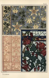 Akelei, Aquilegia vulgaris, Blume in Mustern für Tapeten, Buntglas und Fliesen