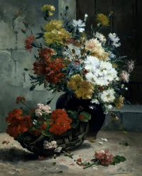 Stillleben mit Sommerblumen (Geranien und Gänseblümchen). Gemälde von Eugene Henri Cauchois (1850-1911) Privatsammlung.