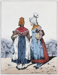 Zwei Frauen, Kairo-Platz - in "Erinnerungen eines Müßiggängers" von Eugène Forest, ed. Delpech, Paris, um 1830