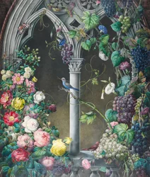 Rosensträuße, Ipomoea und Weinreben, um eine Arkade in einem fantasievollen gotischen Stil, zwei Vögel, unbekannte Art, und ein Tigermotte