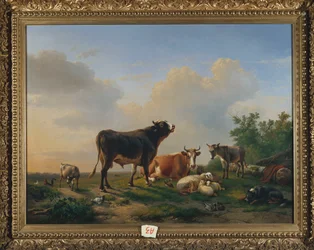 Ein Stier, eine Kuh, ein Esel, eine Ziege, Schafe und Geflügel in einer weiten Landschaft, 1849