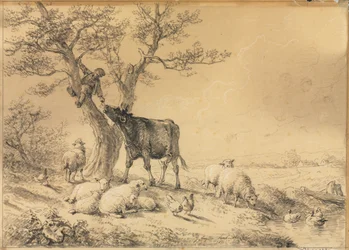 Landschaft mit Tieren und Junge im Baum