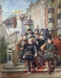 Eine königliche Prozession, die eine Treppe in einem Garten hinabsteigt, 1869