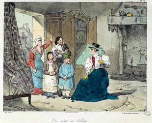 Ein Besuch im Dorf. Eine reiche Frau besucht eine arme Familie. Illustration aus dem Buch „La vie de château“. Gravur von Eugene Louis Lami (1800-1890)