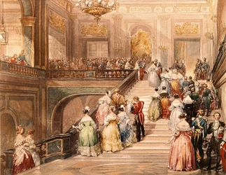 König Louis-Philippe I. (1773-1850) und Königin Marie-Amélie de Bourbon (1782-1866) empfangen die Gäste anlässlich der Einweihung des Museums von Versailles im Jahr 1837. Illustration von Eugène Lami (1800-1890).