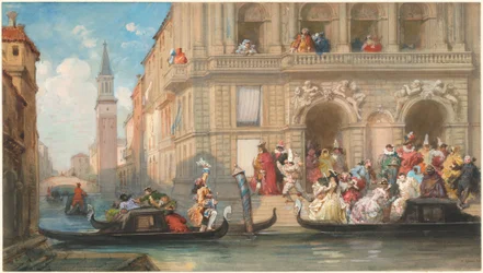 Maskierte, die Gondeln vor einem venezianischen Palazzo besteigen