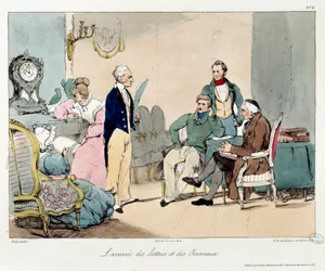Die Ankunft von Briefen und Zeitungen. Illustration des Buches „La vie de château“. Gravur von Eugene Louis Lami (1800-1890)